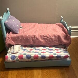 American Girl Doll Trundle Bed with Pink and Patterned Bedding